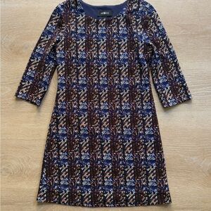 Amy Byer Gold and Blue Sheath Dress 3/4 Sleeve Crew Neck Elegant Lined Dress